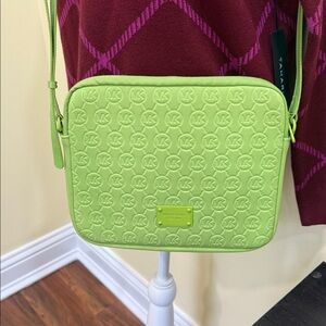 Michael Kors Lime Green Embossed Soft Neoprene IPad Tablet Crossbody Bag